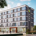 Multi Storey Modern Industrial Factory Building With Glass Curtain Walls Company Logo And Landscaped Entrance