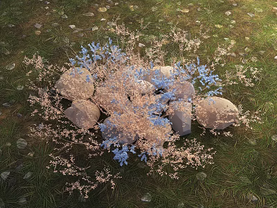 Small Pink and Blue Flowers Growing Around Stones on Green Grass 3d model