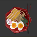 Fried Eggs And Yellow Food Items On Red Plate With Green Leaves And Red Chopsticks