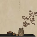 Ceramic Vase with Dried Flowers and Nuts on Tabletop Against Warm Wall