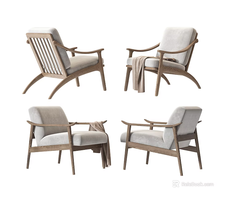 Various Views Of Modern Armchair With Wooden Frame Light Colored Fabric And Blanket 3d model 