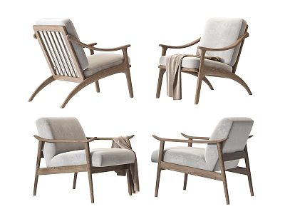 Various Views Of Modern Armchair With Wooden Frame Light Colored Fabric And Blanket 3d model