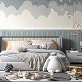 Whimsical Kids Room With Hot Air Balloon Moon Stars Clouds Wallpaper Bed Desk And Toys