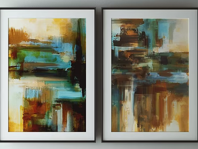 Two Abstract Paintings In White Frames Colorful Artwork For Wall Decoration 3d model