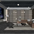 Modern Home Theater Room Interior Design With Starry Ceiling Large Screen And Brown Leather Sofas 3d model