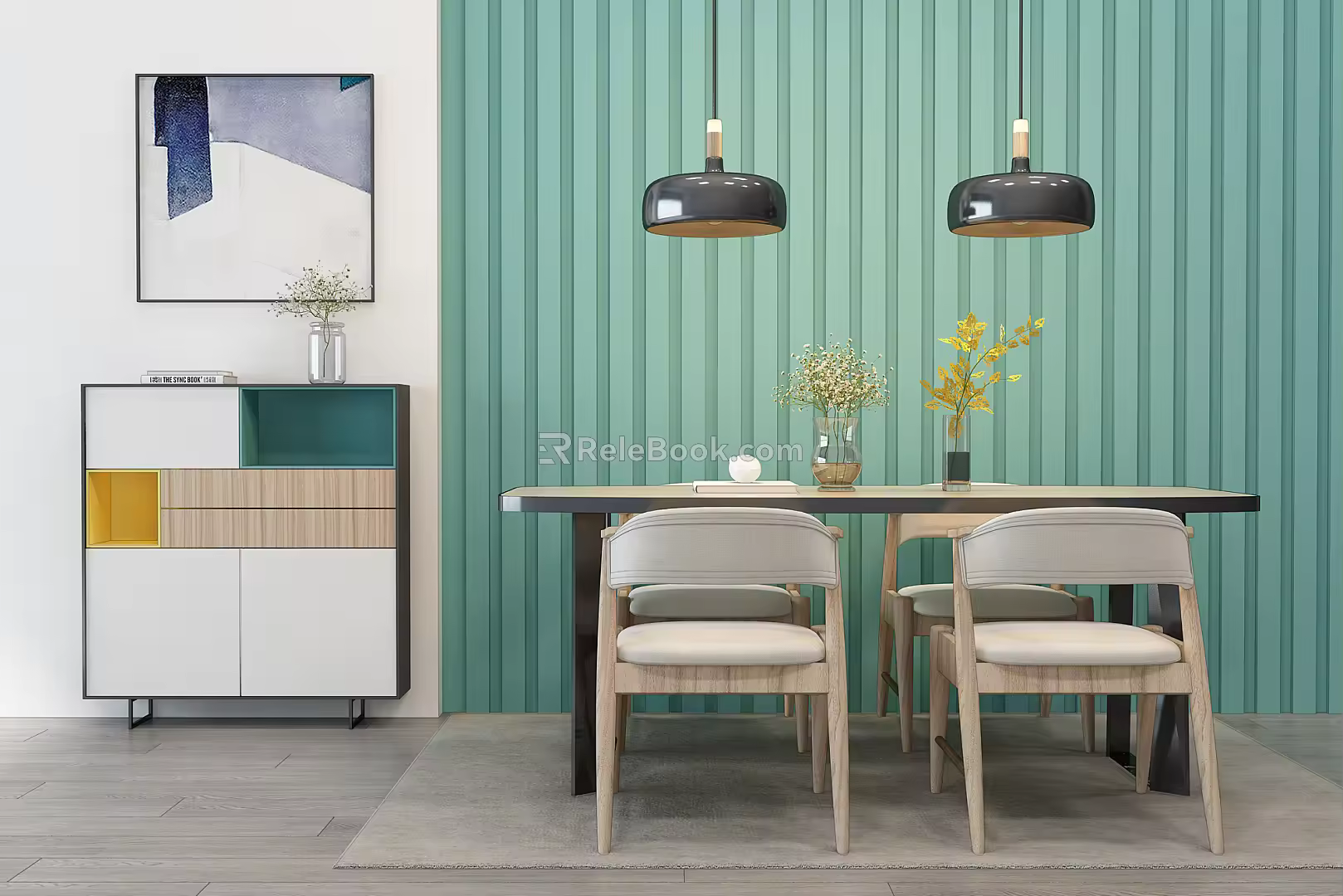 Nordic Dining Table and Chair Combination Solid Wood Dining Table and Chair Chandelier End View Cabinet Decorative Cabinet 3d model
