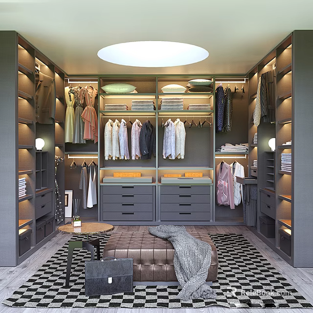 Elegant Walk in Closet Interior Design With Hanging Folded Clothes Drawers And Bench 3d model 