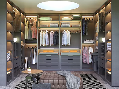 Elegant Walk in Closet Interior Design With Hanging Folded Clothes Drawers And Bench 3d model