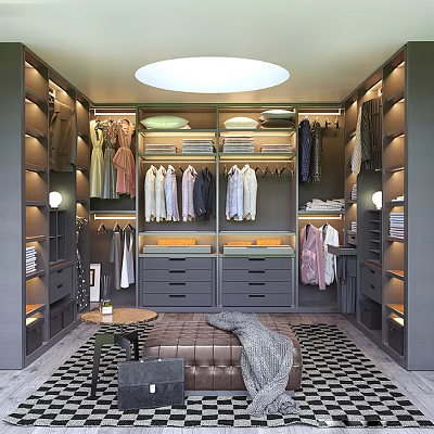 Elegant Walk in Closet Interior Design With Hanging Folded Clothes Drawers And Bench 3d model