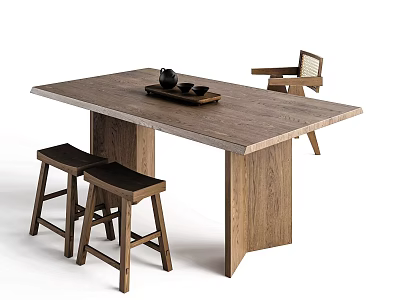 Wooden Dining Table with Two Stools a Chair and Tray with Black Bowls on Top 3d model