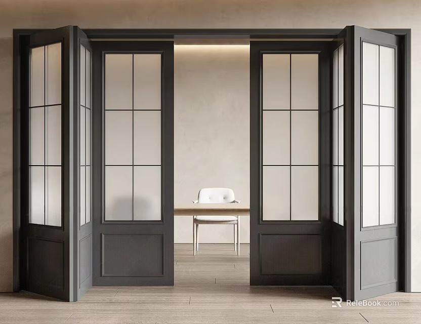 Dark Gray Folding Doors With Glass Panels Open In Modern Interior Space 3d model 