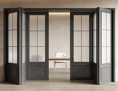 Dark Gray Folding Doors With Glass Panels Open In Modern Interior Space 3d model