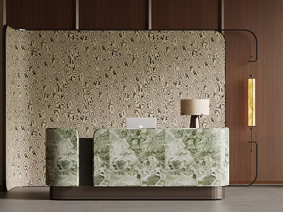 Elegant Green Patterned Bar Counter With Patterned Wall And Table Lamp In Modern Interior 3d model