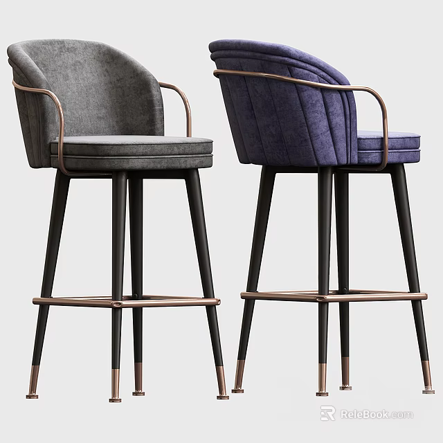 Modern Fabric Upholstered Gray and Purple Bar Stools with Armrests Black Legs and Copper Accents 3d model 