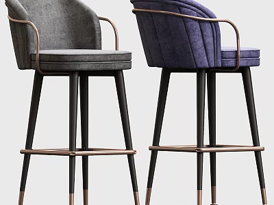 Modern Fabric Upholstered Gray and Purple Bar Stools with Armrests Black Legs and Copper Accents 3d model
