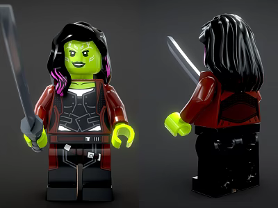 Lego Minifigure Green Skin Black Hair Purple Streaks Red Jacket Holding Sword Front Back View 3d model