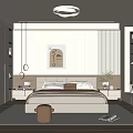 Modern Bedroom Interior Design With Bed Bedside Tables Artwork Pendant Lights And Beige Tones
