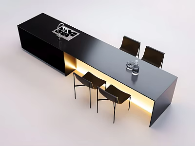 Modern Black Kitchen Island Table with Four Black Chairs Sink Faucet and LED Lighting 3d model
