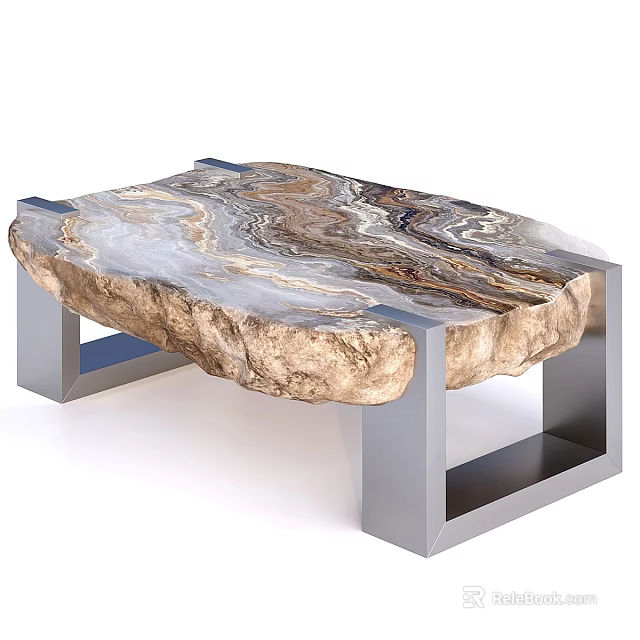 Modern Dining Table With Natural Stone Texture Surface And Metallic Frame Design 3d model 
