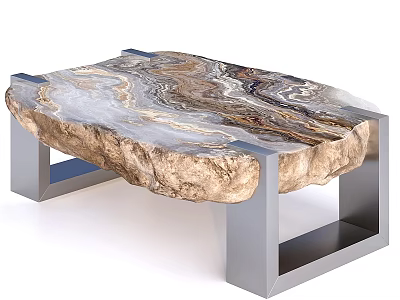 Modern Dining Table With Natural Stone Texture Surface And Metallic Frame Design 3d model