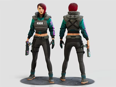3D Female Character Front And Back View Red Hair Green Black Outfit Backpack Weapon 3d model