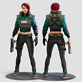 3D Female Character Front And Back View Red Hair Green Black Outfit Backpack Weapon