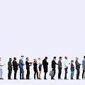 People in Formal and Casual Attire Standing in Line Shaking Hands Holding Briefcases Light Background