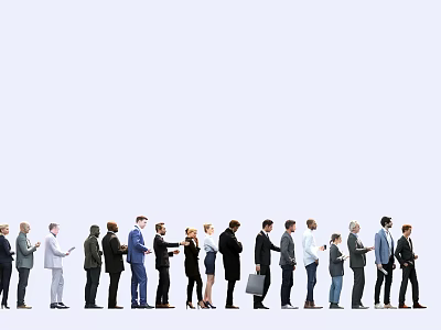 People in Formal and Casual Attire Standing in Line Shaking Hands Holding Briefcases Light Background 3d model