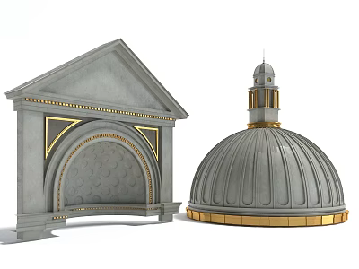 Gray Concrete Architectural Components Featuring Arch Structure And Golden Accents Dome 3d model
