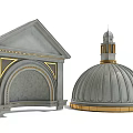 Gray Concrete Architectural Components Featuring Arch Structure And Golden Accents Dome 3d model