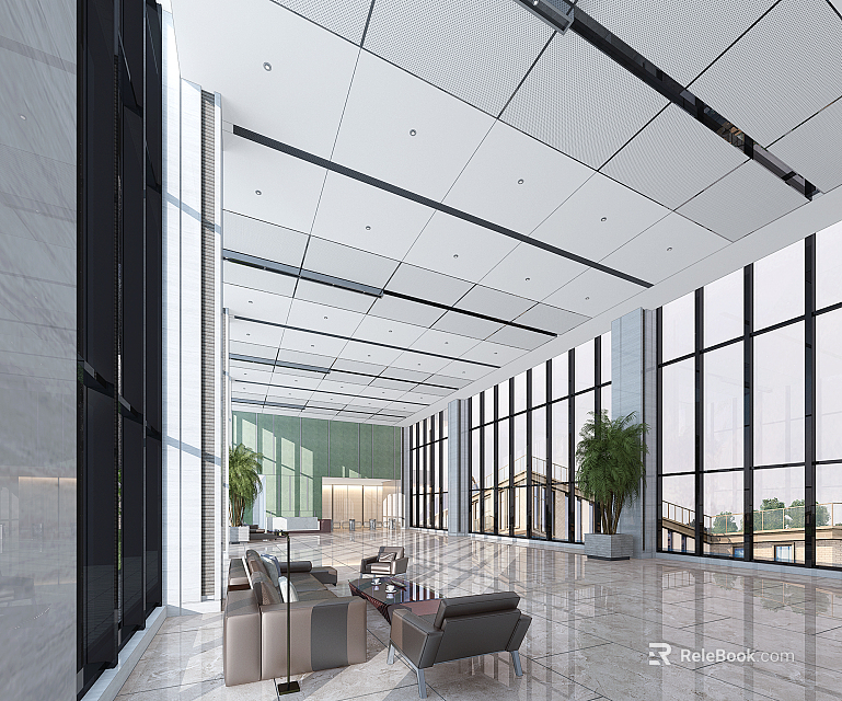 Modern Front Desk Reception Lobby Spacious With Glass Curtain Walls Sofas And Green Plants 3d model 