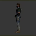 A Man Standing In Blue Denim Overalls Red Inner Shirt Black Gloves And Muddy Clothes