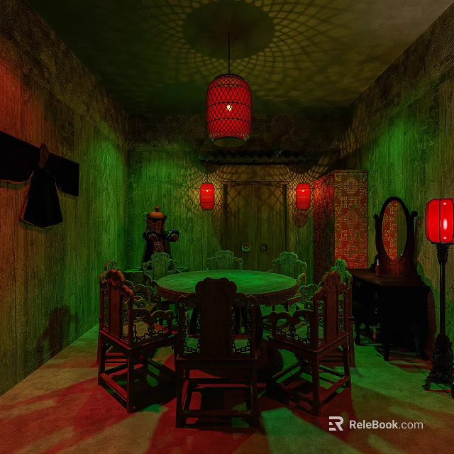 Room With Green Red Lighting Round Dining Table Chairs Decorative Paintings Lanterns Mirror Table Lamp 3d model 