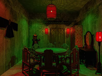 Room With Green Red Lighting Round Dining Table Chairs Decorative Paintings Lanterns Mirror Table Lamp 3d model