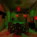 Room With Green Red Lighting Round Dining Table Chairs Decorative Paintings Lanterns Mirror Table Lamp