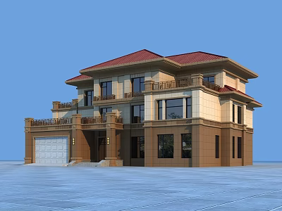 Two Story Detached Villa With Red Roof Beige And Brown Exterior And Garage 3d model