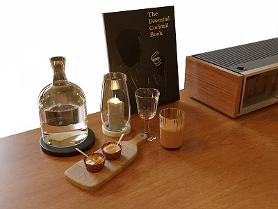 Ceramic Cups On Wooden Table With Cocktail Book Glassware Candle Holder And Wooden Speaker 3d model
