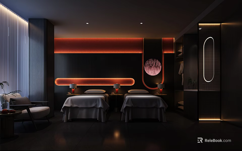 Modern SPA Sauna Relaxation Space With Comfortable Massage Beds Soft Lighting And Elegant Decor 3d model 