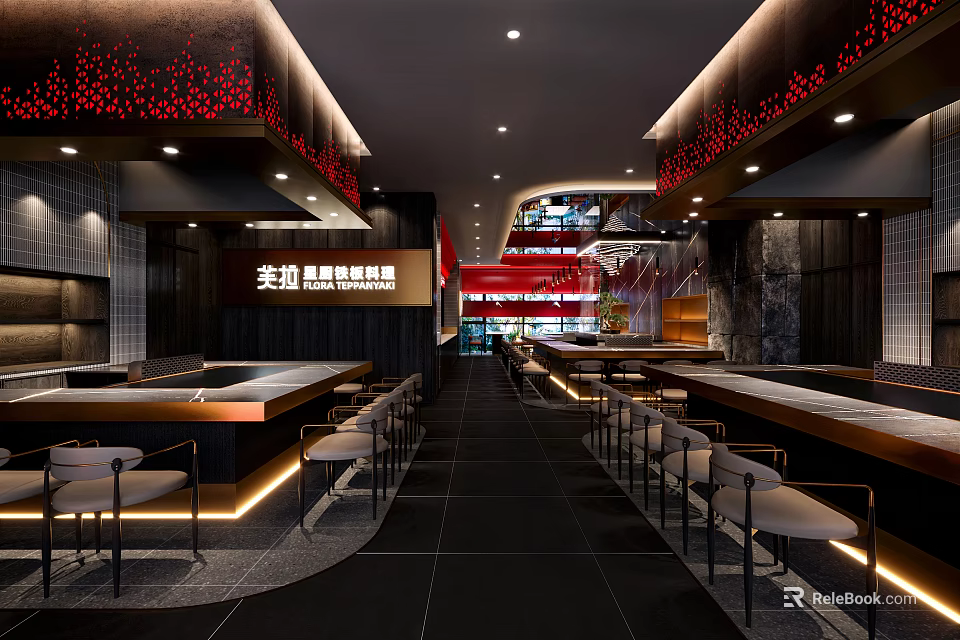 Japanese Izakaya Restaurant Interior With Open Bar Red Decorations Wooden Tables And Lighting 3d model 