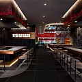 Japanese Izakaya Restaurant Interior With Open Bar Red Decorations Wooden Tables And Lighting