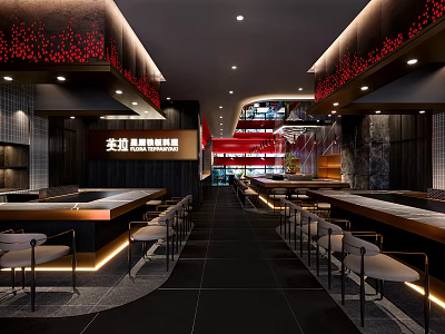 Japanese Izakaya Restaurant Interior With Open Bar Red Decorations Wooden Tables And Lighting 3d model