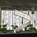 Traditional Chinese Decorative Scene With Calligraphy Scrolls Lotus Flowers And Spiral Structure