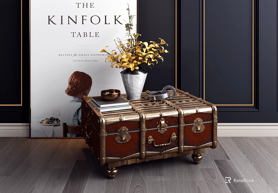 Vintage Wooden Trunk With Gold Metal Hardware And Decorative Interior Styling 3d model 