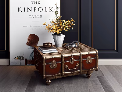 Vintage Wooden Trunk With Gold Metal Hardware And Decorative Interior Styling 3d model