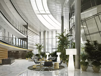Spacious Modern Hotel Lobby Interior With Green Plants Sofas And Glass Walls 3d model