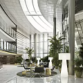 Spacious Modern Hotel Lobby Interior With Green Plants Sofas And Glass Walls