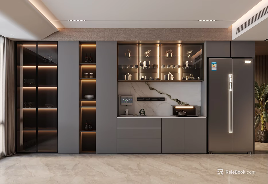 Elegant Modern Wine Cabinet Design With Glass Doors Built-in Lighting And Display Shelves 3d model 