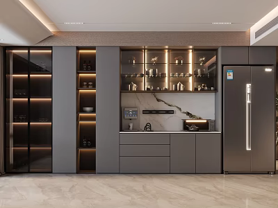 Elegant Modern Wine Cabinet Design With Glass Doors Built-in Lighting And Display Shelves 3d model