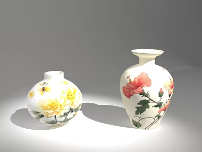 Decorative Ceramic Vases With Yellow Chrysanthemum Bee Red Hibiscus And Green Leaves 3d model