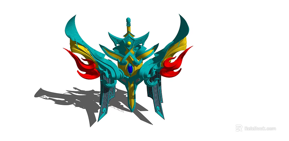 Ornate Decorative Artifact With Turquoise Gold Red Color And Intricate Wing Flame Design 3d model 
